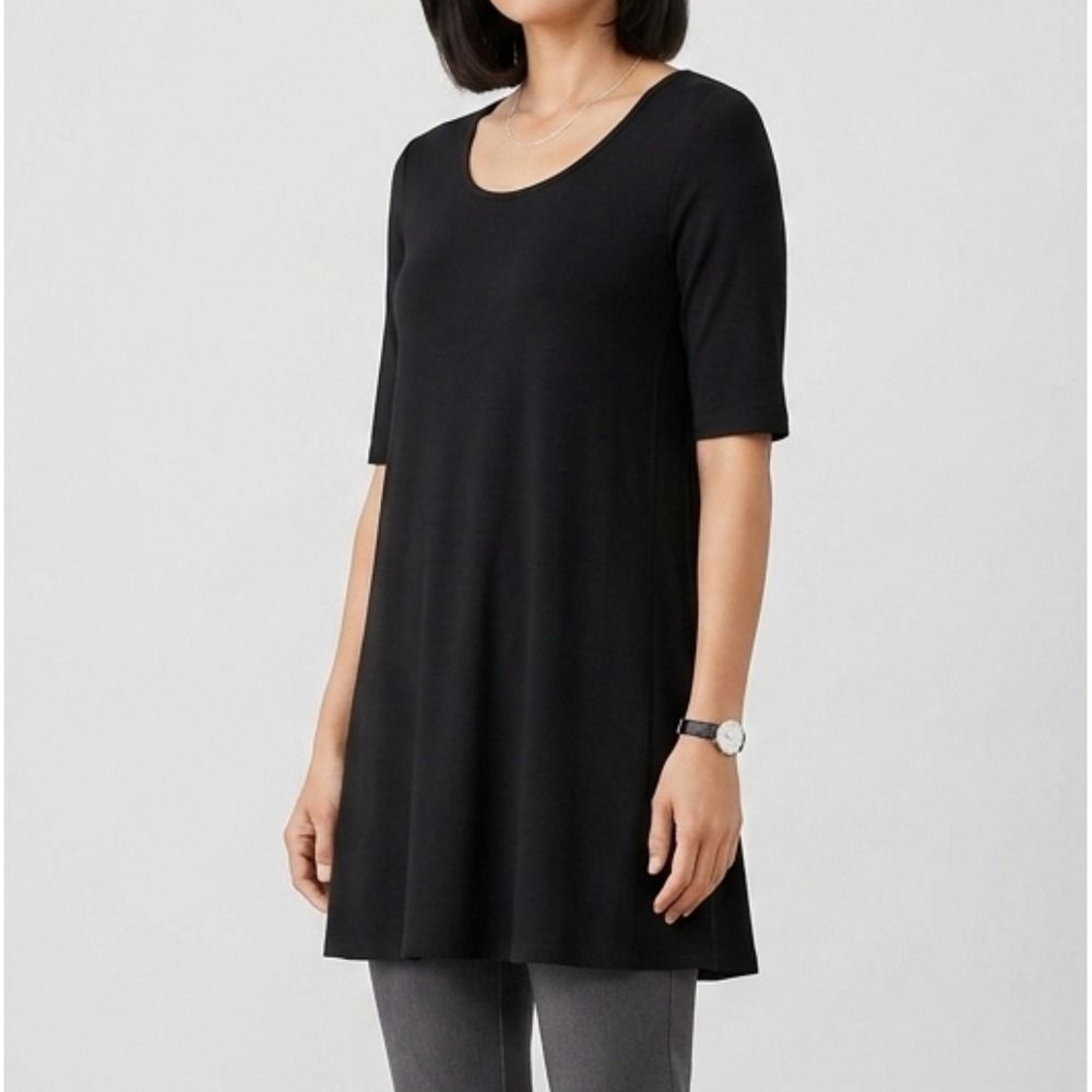 Eileen Fisher Black Jersey Knit Tunic Dress Size S Scoop Neck Elbow Sleeve